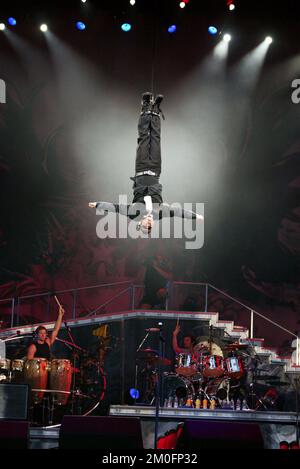 Copenhague, Danemark. Robbie Williams en concert. Banque D'Images