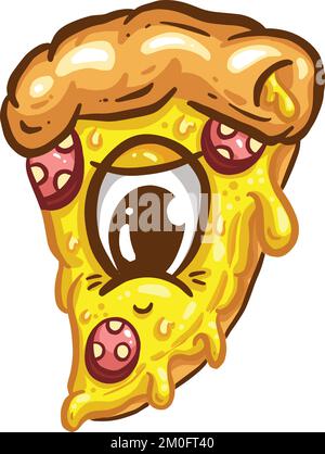 Mignon Cartoon Pizza Slice personnage avec des garnitures gaies dans l'illustration vectorielle Illustration de Vecteur