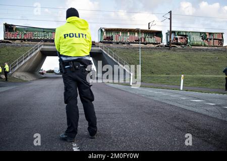 Un accident de train sur Storebæltsbroen au Danemark. 6 passagers sont morts. Le toit de remorques placées sur un train de marchandises sur le pont supérieur heurte ce matin le train de voyageurs sur le pont inférieur à Storebæltsbroen. Banque D'Images