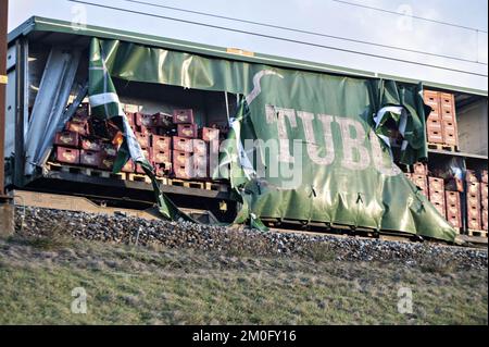 Un accident de train sur Storebæltsbroen au Danemark. 6 passagers sont morts. Le toit de remorques placées sur un train de marchandises sur le pont supérieur heurte ce matin le train de voyageurs sur le pont inférieur à Storebæltsbroen. Banque D'Images