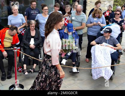 Sur 17 mai 2019 HRH la princesse Marie a visité la maison familiale de la Fondation Tryg au Centre neurologique Hammel. La nouvelle maison familiale donne aux enfants atteints de lésions cérébrales la possibilité de faire en sorte que leurs familles soient proches tout en recevant un traitement au Centre neurologique. Banque D'Images