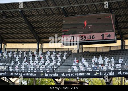 Écran du match Super League 3F entre AGF et Randers FC au parc Ceres à Aarhus, le jeudi 28 mai 2020. Le match est le premier après le shutdown pendant la crise corona et se joue sans spectateurs et avec restrictions .. (Photo: Henning Bagger / Ritzau Scanpix) Banque D'Images