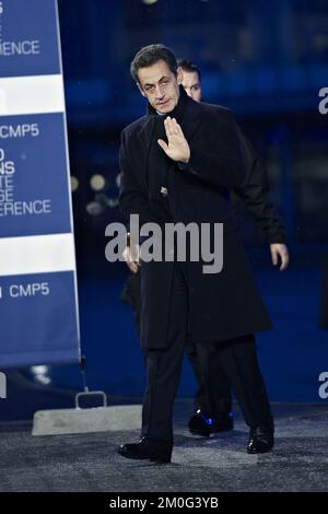 Le président français Nicolas Sarkozy arrive aux négociations du Sommet sur le climat au Bella Center de Copenhague. Banque D'Images