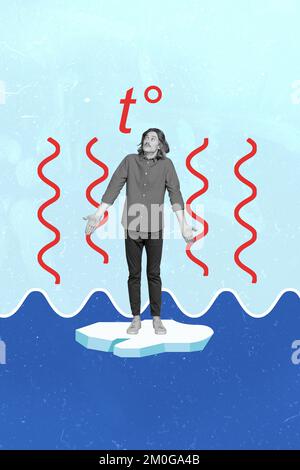 Image de collage vertical de noir blanc gamma sans indice mec haussement épaules stand fusion augmentation de la température de glace Banque D'Images