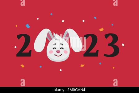 L'année du zodiaque de lapin. texte de 2023 ans avec tête de lapin et confetti, carte postale chinoise du nouvel an. Symbole du nouvel an lunaire. Illustration de Vecteur