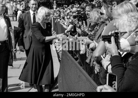 Camilla la reine Consort accueille des foules à l'extérieur de Buckingham Palace après la mort de la reine Elizabeth II, Londres, Royaume-Uni. Banque D'Images