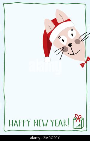 Une carte de vœux du nouvel an. Mignon lapin drôle dans un chapeau de père Noël rouge peeking dehors de autour du coin. 2023 est l'année du lapin. Illustration de Vecteur