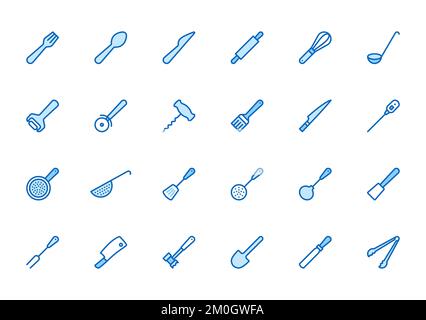 Jeu d'icônes de la ligne de cuisson. Matériel de cuisine - fourchette, couteau, cuillère, marteau, louche, illustration du vecteur minimal de la vis à tête cylindrique. Un simple signe de la cuisson Illustration de Vecteur