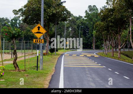 La courbe de route avec les panneaux de rue 'Go Slow' réflexe arbres autour Banque D'Images