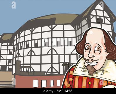 Œuvre d'art montrant le dramaturge anglais William Shakespeare debout à l'extérieur de la réplique du Globe de la Banque du Sud de Londres, mêlant l'histoire et le temps moderne Banque D'Images