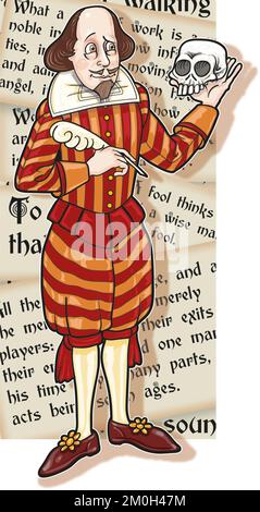 Illustration d'une œuvre d'art montrant le dramaturge William Shakespeare contemplant un crâne, et tenant le père de plume de quill, avec le texte de ses pièces derrière. Banque D'Images