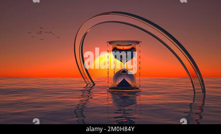 paysage surréaliste avec un sablier dans la mer au coucher du soleil. 3d rendu Banque D'Images