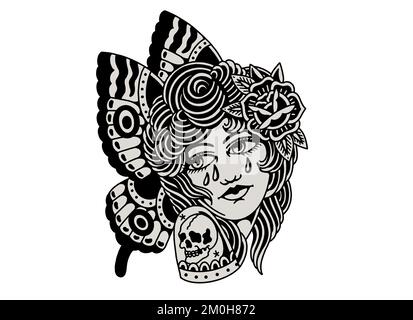 Old School traditionnel tatouage inspiré cool design graphique illustration de jung femme profil avec ailes de papillon et rose en noir et blanc Banque D'Images