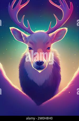 Portrait de dessin animé tête de caribou de montagne . Animal terrestre nord-américain face à l'avant. Cerf canadien regardant vers l'appareil photo. Illustration de l'art de la lumière mystère. Affiche artistique verticale. Banque D'Images