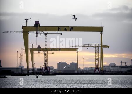 Photo du dossier datée du 08/12/20 des grues Harland et Wolff à Belfast. Le contrat de construction de trois nouveaux navires d'approvisionnement pour la Royal Navy permettra la croissance du chantier naval Harland & Wolff à Belfast, Le secrétaire à la Défense Ben Wallace a déclaré qu'il cherchait à défendre la décision d'attribuer le contrat de £1,6 milliards de navires Fleet Solid support (FSS) à un consortium dirigé par l'Espagne. Date de publication : mardi 6 décembre 2022. Banque D'Images