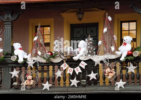 France, Haut Rhin, Colmar, terrasse avec décorations de Noël de l'ancien douane ou édifice de contrôle des douanes (Koifhus) Banque D'Images