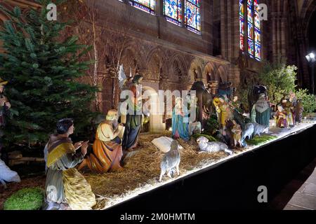 France, Bas Rhin, Strasbourg, vieille ville classée au patrimoine mondial de l'UNESCO, Cathédrale notre Dame, la scène de la nativité installée dans la Nave pour Noël Banque D'Images