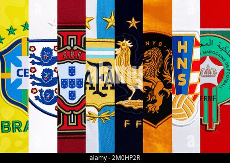 Gros plan de l'écusson de l'équipe nationale de football sur l'ensemble domicile. Quart de finale coupe du monde de la FIFA Qatar 2022. Banque D'Images