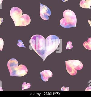 Motif aquarelle sans couture avec coeurs clairs et colorés sur fond noir. Teintes douces et légères de rose, motif fille. Texture romantique peinte à la main Banque D'Images