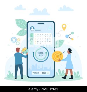 Illustration vectorielle de l'application mobile fitness. Les personnes de dessin animé minuscules travaillent avec le calendrier d'entraînement, les données sur la santé de l'application de suivi sur l'écran du téléphone, le service en ligne pour gérer l'entraînement Illustration de Vecteur