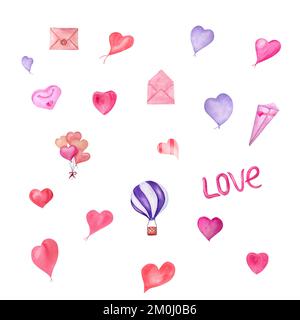 Ensemble d'éléments de Saint-Valentin aquarelle. Articles romantiques mignons dessinés à la main. Coeurs, lettre d'amour, ballon d'air isolé sur fond blanc. Banque D'Images