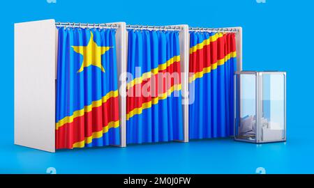 Cabines de vote avec drapeau et urne de la République démocratique congolaise. Election en République démocratique du Congo, concept. 3D rendu isolé sur Banque D'Images