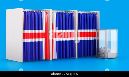 Cabines de vote avec drapeau islandais et urnes. Élection en Islande, concept. 3D rendu isolé sur fond bleu Banque D'Images