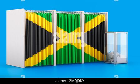 Cabines de vote avec drapeau jamaïcain et urne. Élection en Jamaïque, concept. 3D rendu isolé sur fond bleu Banque D'Images