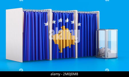 Cabines de vote avec drapeau du Kosovo et urnes. Élections au Kosovo, concept. 3D rendu isolé sur fond bleu Banque D'Images