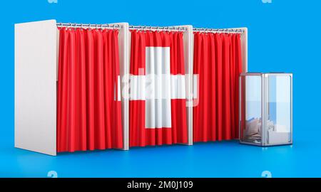 Cabines de vote avec drapeau suisse et urne. Élection en Suisse, concept. 3D rendu isolé sur fond bleu Banque D'Images