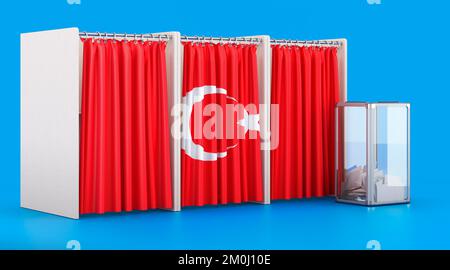 Cabines de vote avec drapeau turc et urne. Élections en Turquie, concept. 3D rendu isolé sur fond bleu Banque D'Images