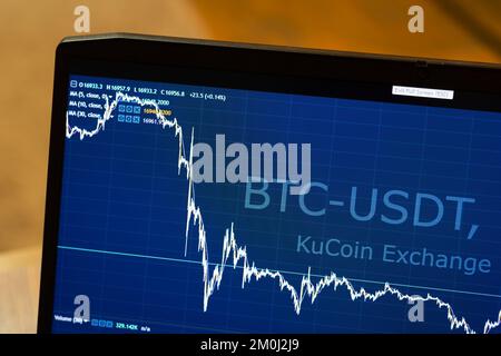 Carte en direct BTC à l'USDT sur l'échange de crypto-monnaies de Kucoin sur un moniteur d'ordinateur portable à 3 décembre 2022, à Tbilissi, en Géorgie. Banque D'Images