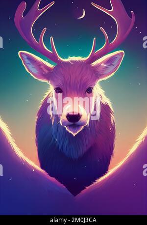 Portrait de dessin animé tête de caribou de montagne . Animal terrestre nord-américain face à l'avant. Cerf canadien regardant vers l'appareil photo. Illustration de l'art de la lumière mystère. Affiche artistique verticale. Banque D'Images