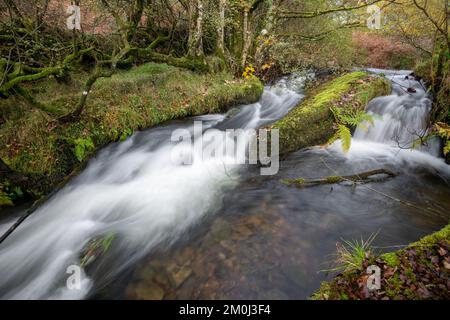Exposition longue une cascade sur la rivière Weir Water qui traverse la vallée du pont Robbers dans le parc national Exmoor Banque D'Images