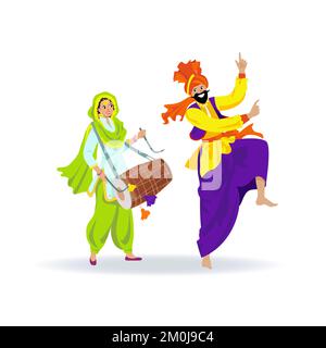 Joyeux couple Sikh coloré, barbu dans le turban dansant bhangra, joyeuse jeune femme dans le vert Pendjabi costume jouant dhol tambour au festival Illustration de Vecteur