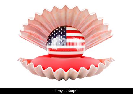 Voyage aux Etats-Unis, concept. Perle avec le drapeau des États-Unis à l'intérieur de la mer, 3D rendu isolé sur fond blanc Banque D'Images