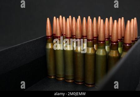 Munitions réelles avec balles en cuivre alignées en rangées paires dans une photo de stock de gros plan de boîtier noire Banque D'Images