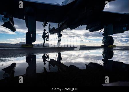 Miramar, Californie, États-Unis. 9th novembre 2022. ÉTATS-UNIS Air Force Airman 1st Class Dylan Prusso, chef d'équipage affecté au 75th Fighter Generation Squadron, Moody Air Force base, Géorgie, monte un A-10C Thunderbolt II pendant le drapeau vert-Ouest 23-02 à la Marine corps Air Station Miramar, Californie, le 9 novembre 2022. Le 549th Escadron d’entraînement au combat a réussi à exploiter un exercice ventilé et multiservice du drapeau vert-Ouest en novembre. 2-9, qui a intégré les États-Unis Marine et États-Unis Commandement et contrôle de la Force aérienne, unités tactiques, renseignement, surveillance et reconnaissance, tout en opérant fr Banque D'Images