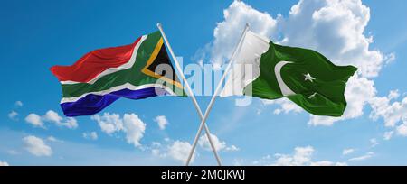 Deux drapeaux croisés le Pakistan et l'Afrique du Sud agitant sous le vent à ciel nuageux. Concept de relation, de dialogue, de voyage entre deux pays. 3d illust Banque D'Images
