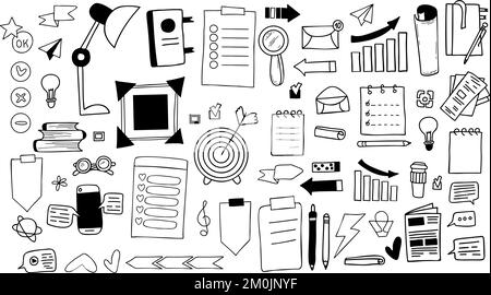 Grands vecteurs définissent des icônes financières et commerciales. Documents papier, papeterie, graphique, infographies, cible, messages et communications en ligne, signes, flèche Illustration de Vecteur