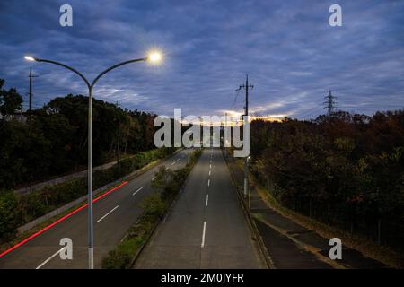 Lumière striée depuis la voiture sur une route tranquille à travers la forêt au lever du soleil Banque D'Images