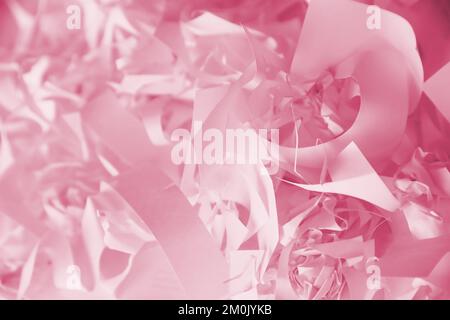Arrière-plan de texture de papier déchiqueté, vue de dessus de nombreuses bandes de papier blanc. Pile de papier coupé comme confetti pour fête ou boîte de remplissage image tond en Viva Magenta, couleur de l'année 2023 Banque D'Images