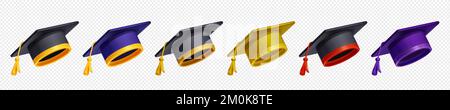 Jeu de capuchons de graduation de différentes couleurs png sur fond transparent. Illustration vectorielle des chapeaux de pampille pour les étudiants diplômés de l'université, du secondaire ou de l'université. Symbole éducation Illustration de Vecteur