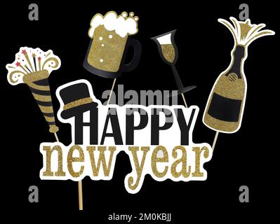 Joyeux nouvel an texte doré sur des bâtons en bois avec champagne et bière mousseuse, image concept de la fête de la Saint-Sylvestre isolée sur fond noir Banque D'Images