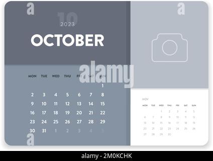 Octobre 2023. Scénario de modèle de calendrier mensuel Creative minimum Business 2023. Bureau, calendrier mural pour impression, calendrier numérique ou planificateur. Illustration de Vecteur