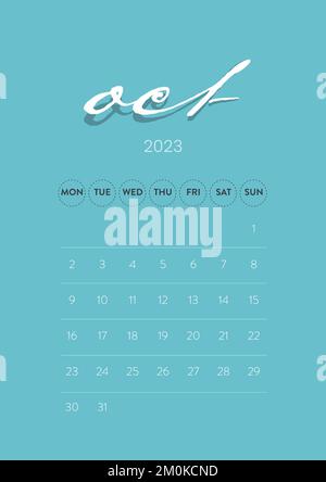 Octobre 2023. Scénario de modèle de calendrier mensuel Creative minimum Business 2023. Bureau, calendrier mural pour impression, calendrier numérique ou planificateur. Illustration de Vecteur