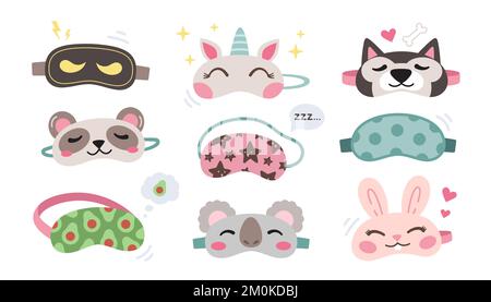 Ensemble de masques de couchage pour enfants. Les animaux mignons visages masques - koala, unicorn, ninja, lapin, panda, chien husky. Illustration vectorielle colorée. Détente en voyage Illustration de Vecteur