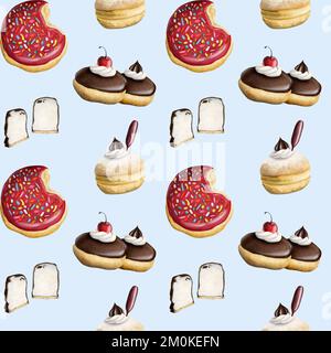 Beignets à glaçage rouge, guimauve enrobée de chocolat. Motif aquarelle sans couture sur fond bleu clair pour les cafés, les restaurants et les cafés Banque D'Images