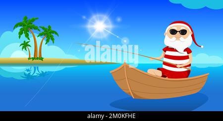 Santa pêche en bateau en mer. Illustration vectorielle. Illustration de Vecteur