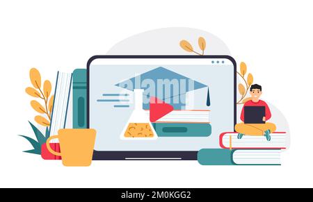 Enseignement à distance. Garçon assis sur une pile de livres et tenant une tablette. Grand écran d'appareil avec leçon de chimie Illustration de Vecteur